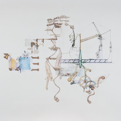 Subject Properties, 2011, 62 x 61 inches, mixed media on paperThis drawing is a comparison between the instinctual dwelling of a harvester ant colony and the alleged sagacious construction of a mini-mansion and a multi-unit high rise. Subject Properties, 2011, 62 x 61 inches, mixed media on paper<br class=