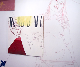 "string girl",thread, needles, paint, 135 x 80"