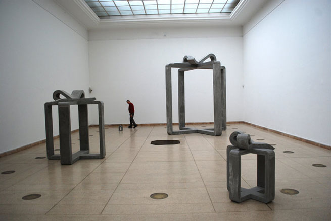 Mircea Cantor, Seven Future Gifts, concrete, iron, 7 pieces of variable dimensions<br/>Installation View at Mucsarnok Kunsthalle Budapest, sept 2008.<br/>Image � Mircea Cantor, Courtesy Yvon Lambert, Paris, New York, London<br/>