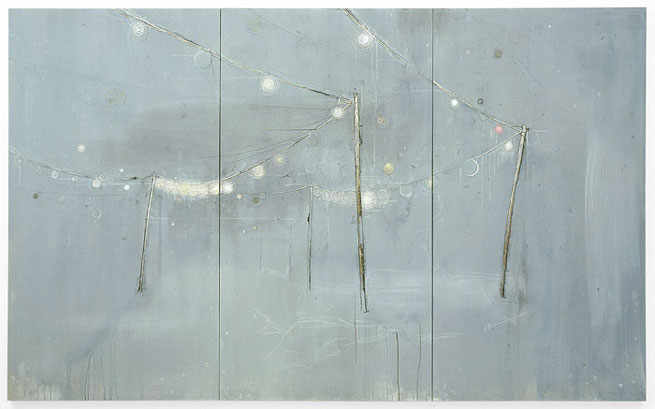 MICHAEL RAEDECKER, on, 2009, acrylic and thread on canvas<br/>overall dimensions: 80 3/4 x 123 inches (205 x 330 cm) triptych, each panel: 80 3/4 x 43 <br/>1/3 inches (255 x 122 cm) Image � Michael Raedecker, courtesy Andrea Rosen, New York<br/>