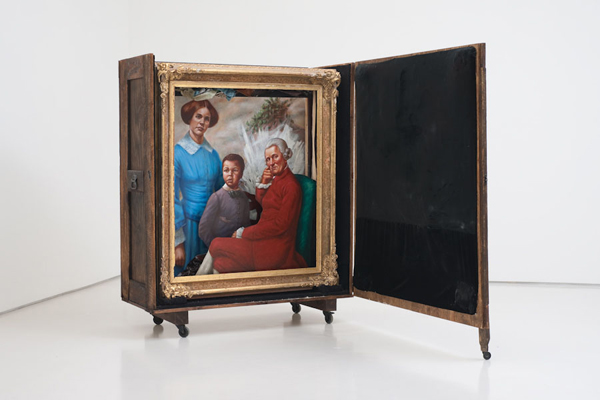 Titus Kaphar, Ishmael, His Mother, and His Grandfather, 2009<br/>Velvet, oil on linen, oil on linen on wood panel, gilded frame, andwood crate<br/>74 x 60.25 x 26 in (188 x 153 x 66 cm) <br/>